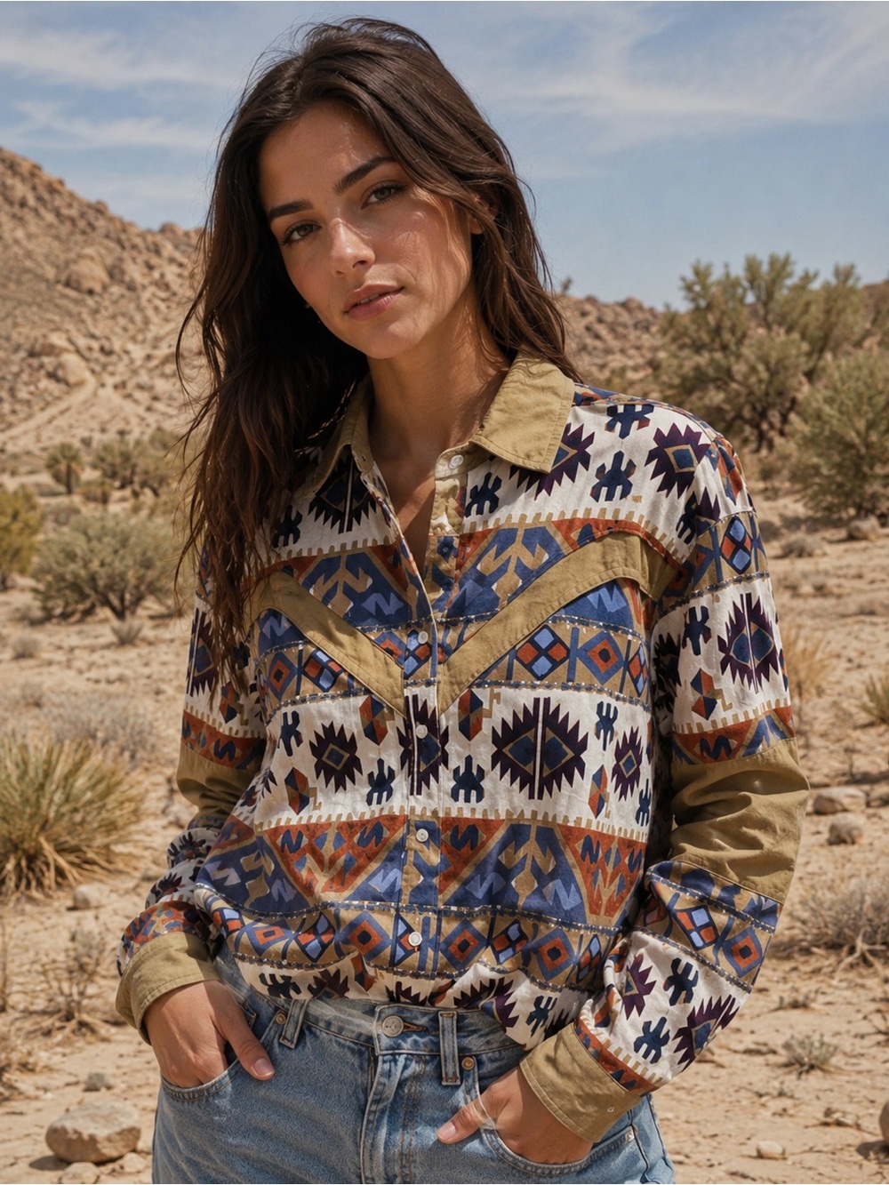 Vintage Adobe Rose Western Cowgirl Button-Down Shirt Aztec Geometric Print